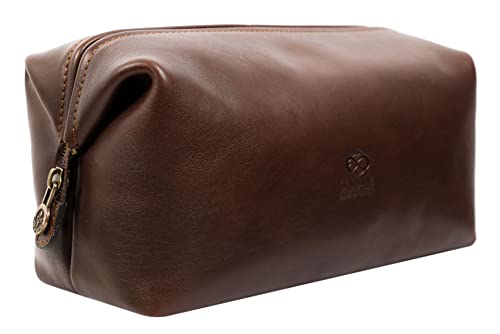 Time Resistance Leather Toiletry Bag Cosmetic Case Italian Classy Dopp Kit (Dark Brown)