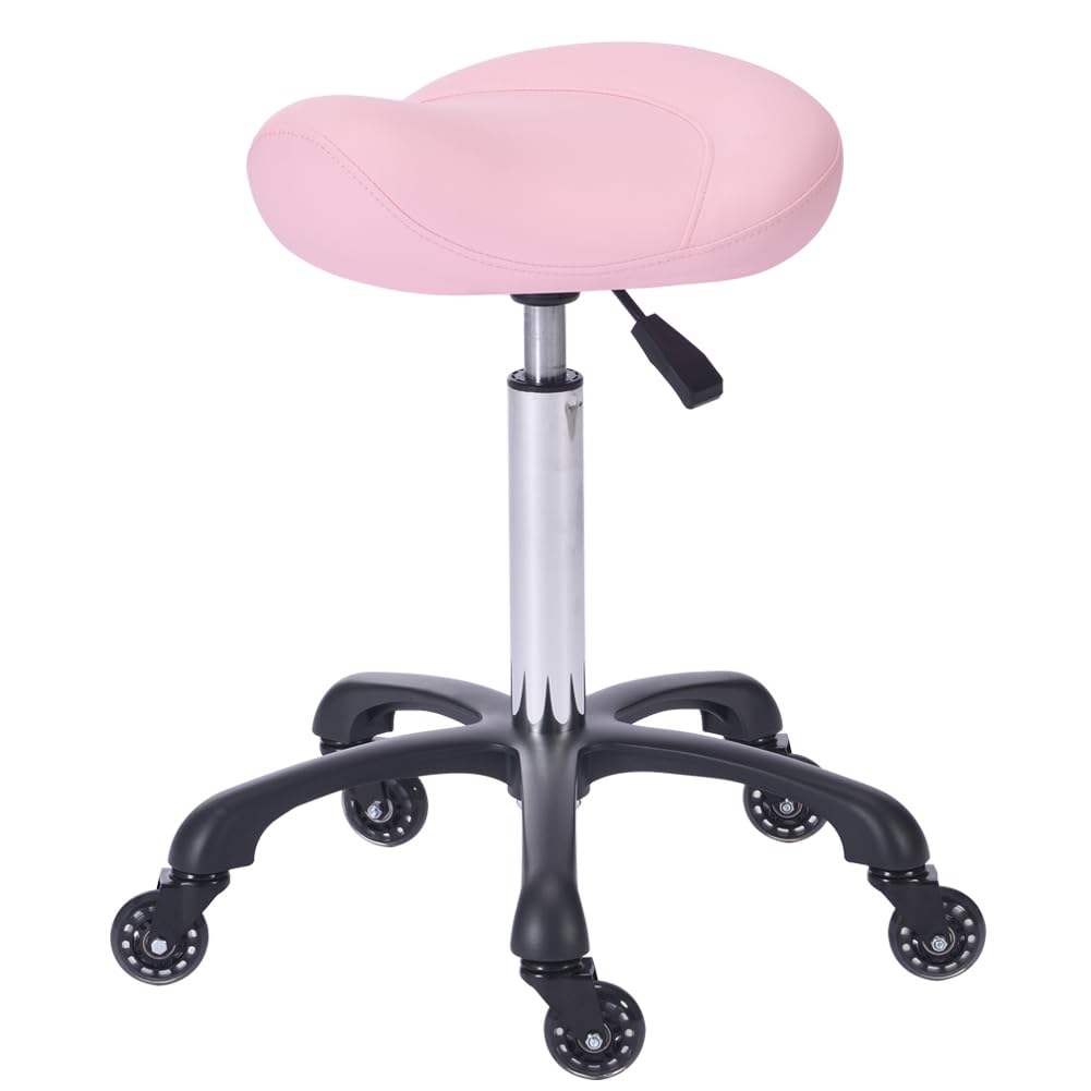 Hydraulic Saddle Stool with Wheels Height Adjustable Stylish Ergonomic Rolling Swivel Chair for Hygienic Clinic Salon Tatoo Massage Office, in Pink
