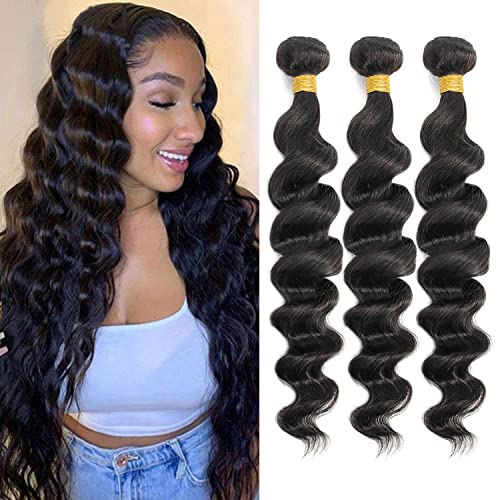 12A Grade Brazilian Virgin Loose Wave Hair 3 Bundles 18" 20" 22" 300g 100% Unprocessed Virgin Brazilian Remy Loose Deep Wave Human Hair Weave Bundles for Black Women Natural Color