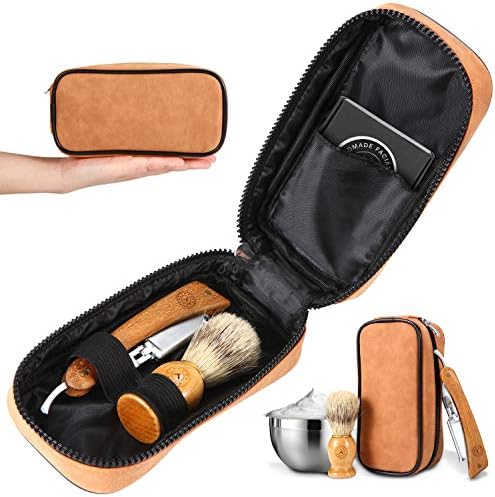 Wood Shavette Straight Razor Kit - Replaceable Blade Straight Razor, Redwood Shavette, No Stropping or Honing, Leather Case, Brush, Bowl, Perfect Travel Kit, Hygienic, Great for Beginners, Great Gift