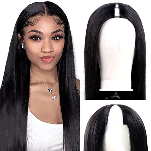 Amznlady V Part Wigs Straight Brazilian Virgin Human Hair Wigs for Black Women Upgrade U Part Wigs Glueless Full Head Clip In Half Wig V Shape Wigs No Leave Out Lace Front Wigs 180% Density Natural Color (22 IN, v part wigs)