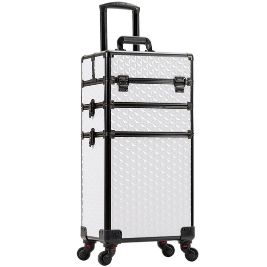 AROUS Rolling Makeup Train Case Large Storage Cosmetic Trolley 3 in 1 Large Capacity Trolley Makeup Travel Case with Key Swivel Wheels Salon Barber Case Traveling Cart Trunk, White