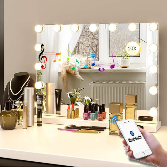 22.8"x 18.1" Vanity Mirror Makeup Mirror with Lights,10X Magnification,Large Hollywood Bluetooth Lighted Vanity Mirror with 15 LED Bulbs & Speaker,3 Color Modes,Touch Control for Wall-Mounted