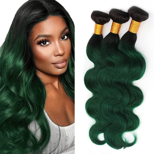 26 28 30 inch Ombre Bundles Green Body Wave Human Hair Bundles 8A Brazilian Remy Hair Double Weft 2 Tone Black to Green Color for Black Women