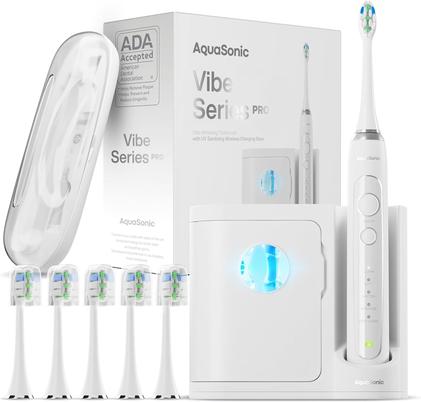 Aquasonic Vibe Series PRO – Ultra-Whitening Power Toothbrush – 5 Modes & Smart Timers – UV Sanitizing Base – ADA Accepted (Optic White)