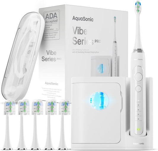 Aquasonic Vibe Series PRO – Ultra-Whitening Power Toothbrush – 5 Modes & Smart Timers – UV Sanitizing Base – ADA Accepted (Optic White)