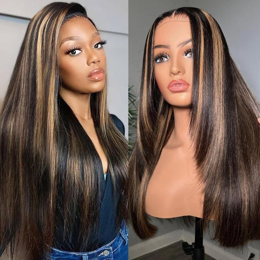 200% Density Highlight Ombre Lace Front Wig Human Hair Real Full 13X4 Large Space Straight Lace Front Wigs Human Hair Pre Plucked Balayage Wig Human Hair Frontal Wigs For Women FB27#