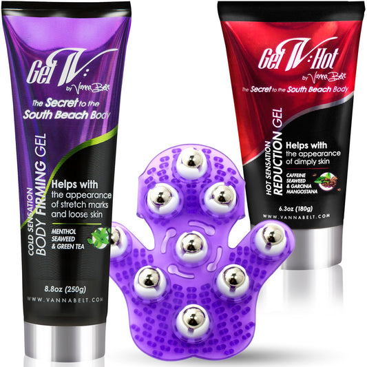 Vanna Belt 24-Hr Firming Kit, 3-Piece Body Skin Care Products, Daily Belly Toner for Women, Firming Gels for Flat Tummy, Thighs and More, Includes Gel-V, Gel-V Hot and V-Glove