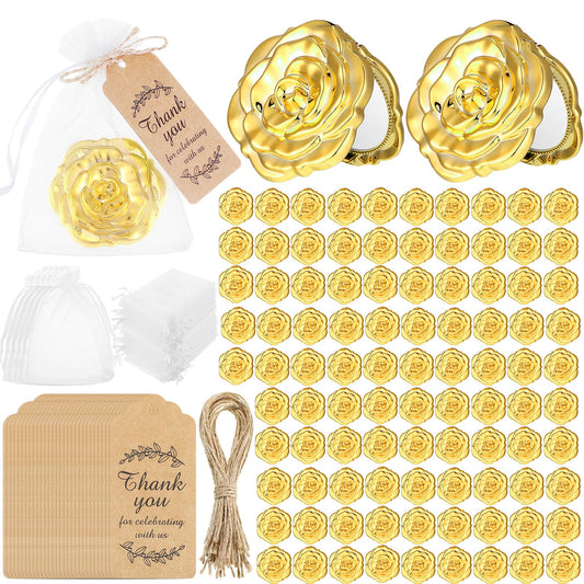 96 Set Rose Compact Mirrors Bulk Wedding Party Favors Including Rose Shape Mirrors and Thank You Tags and Jute Twine with White Organza Bags for Wedding Party Guests Souvenir Gift (Gold)