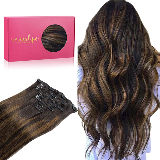 WENNALIFE Clip in Human Hair Extensions, 18 Inch 120g 7pcs Dark Brown to Chestnut Brown Balayage Hair Extensions Clip In Human Hair Remy Clip in Hair Extensions Real Human Hair Double Weft