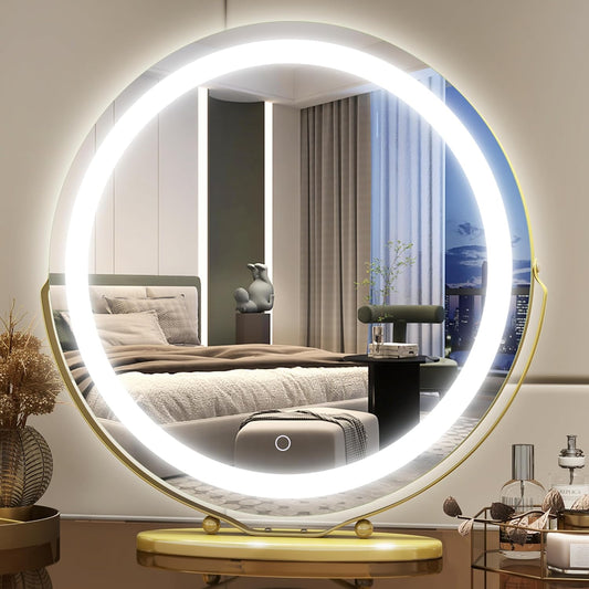 Vierose 20 inch Large Vanity Makeup Mirror with Lights, 3 Color Lighting Modes | Round Lighted Up Makeup Mirror with Dimming LED Halo for Dressing Room & Bedroom Tabletop, Touch Control (Gold)