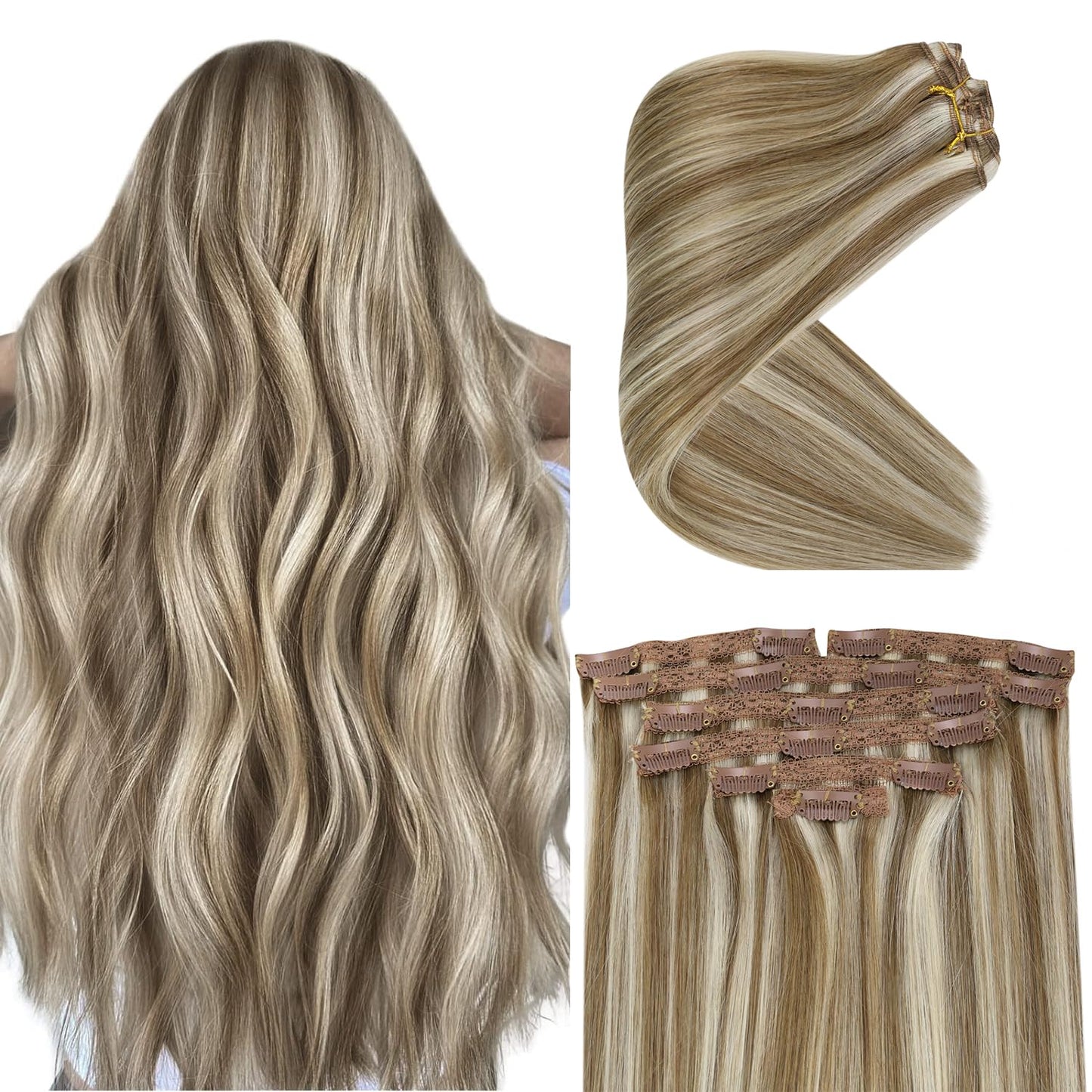 Ve Sunny Clip in Hair Extensions Human Hair Highlights Brown Human Hair Clip in Extensions Blonde Brown Human Hair Extensions Clip ins Light Brown Highlights Platinum Blonde 18inch 7pcs 120g