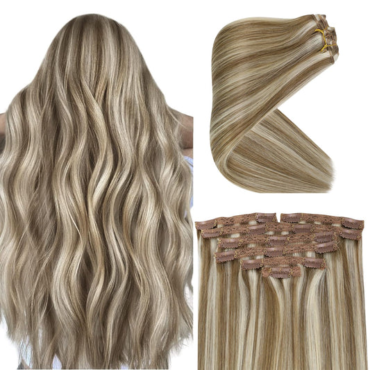 Ve Sunny Clip in Hair Extensions Human Hair Highlights Brown Human Hair Clip in Extensions Blonde Brown Human Hair Extensions Clip ins Light Brown Highlights Platinum Blonde 18inch 7pcs 120g